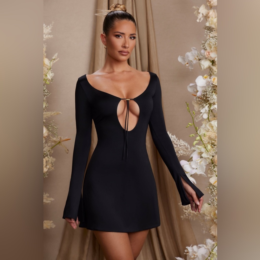 Oh Polly Black Long Sleeve Mini Dress with Front Keyhole